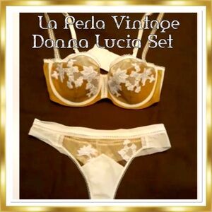 La Perla SET (34C) Panty XS Lace Eyelet Mesh Silk Nude/White RARE FIND SET RARE